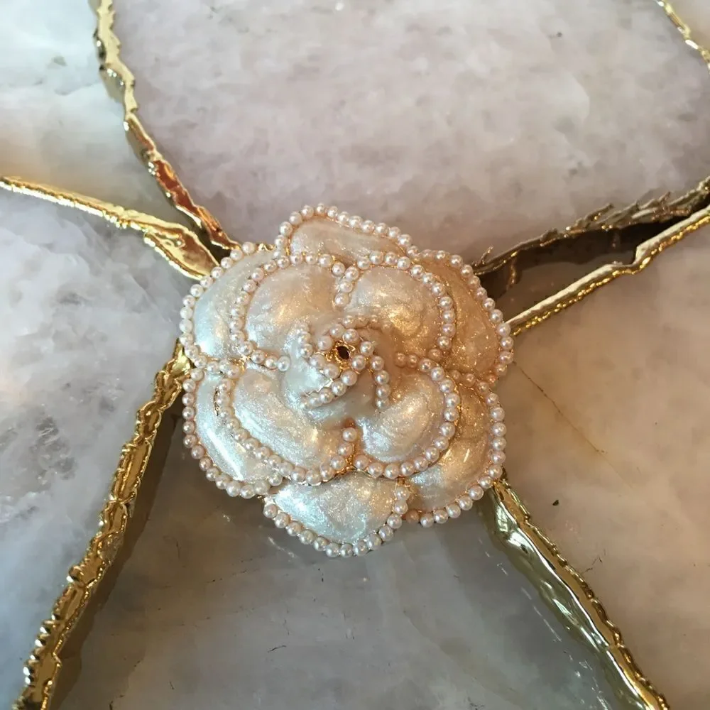 Pearl Camellia Flower Brooch Pin Ivory White Couture Style